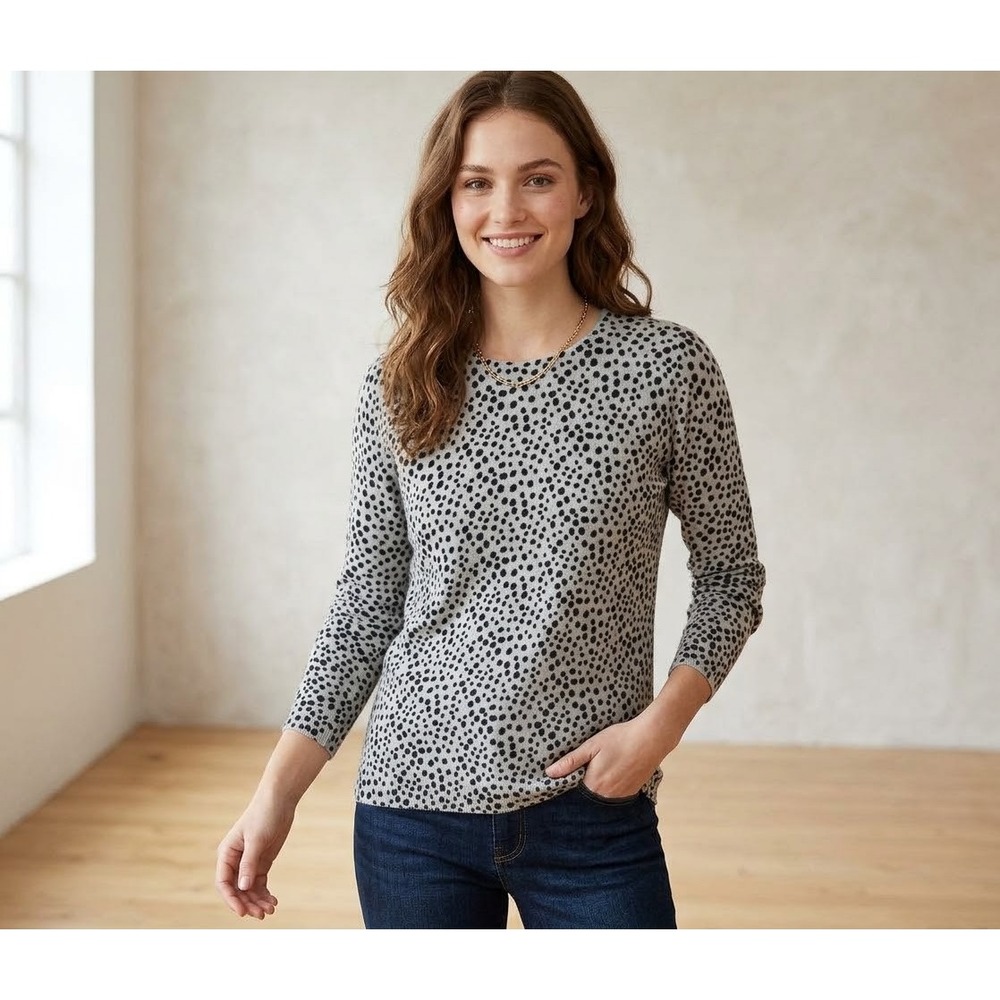 Charter Club Luxury 100% Cashmere Sweater Gray Black Animal Print Spotted Size L